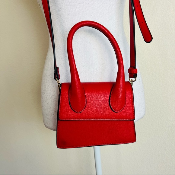 Red & Gold Leather Top Handle Cross Body Flap Mini Purse Bag - Picture 6 of 7
